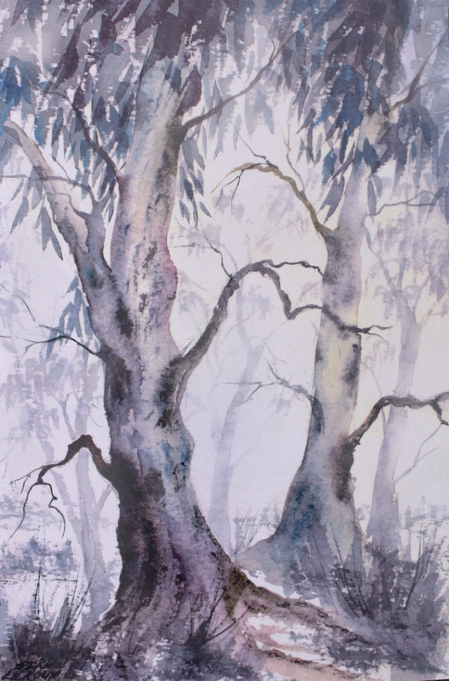Gum trees in the mist. Watercolour painting by Sian Butler.
